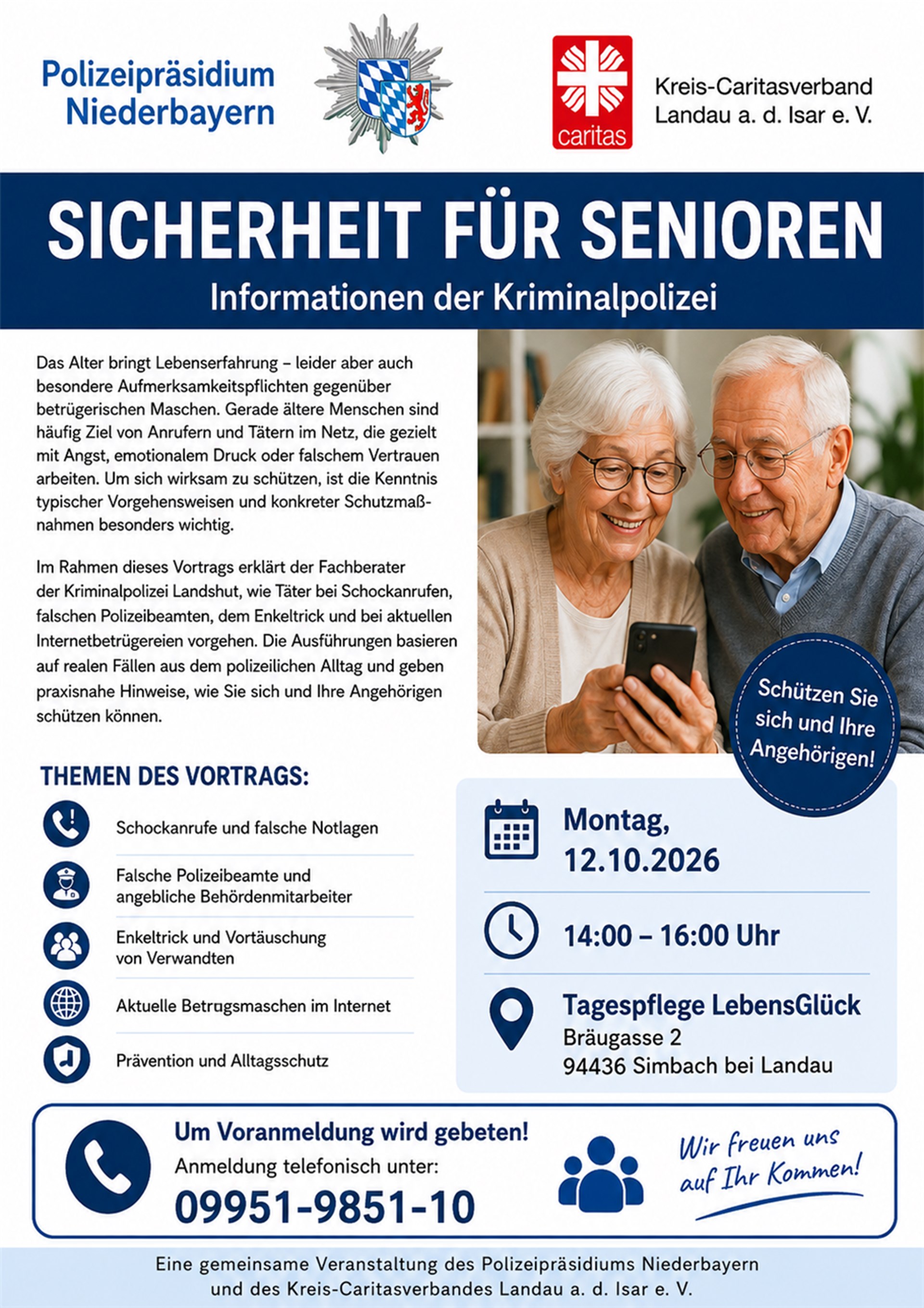 Sicherheit für Senioren - Vortrag am 12.10.2026 in der Tagespflege in Simbach bei Landau.