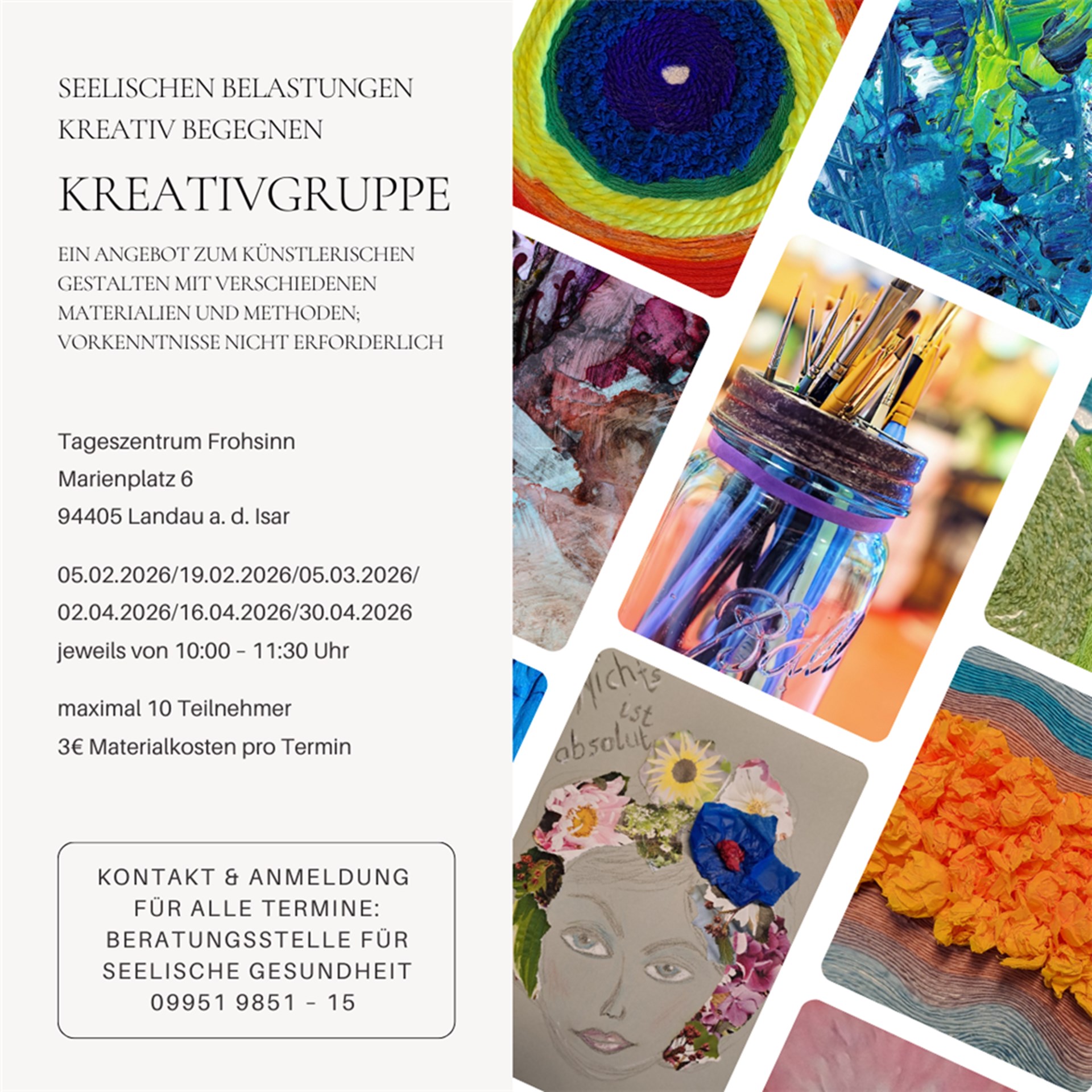 Flyer zu einer Kreativgruppe bei seelischer Belastung.